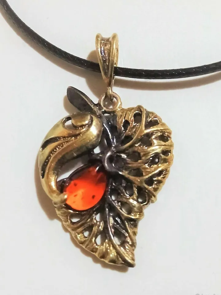 Tree Leaf Necklace Summer Autumn Jewelry Vintage Antique Gold Brass With Baltic Amber Pendant For Her Women
