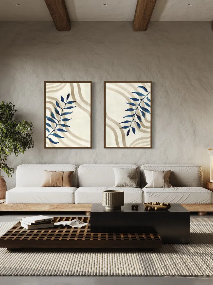 Indigo Beige Floral Minimalist Watercolor Wall Art, Set Of 2, Abstract Art Print, Blue Home Decor,