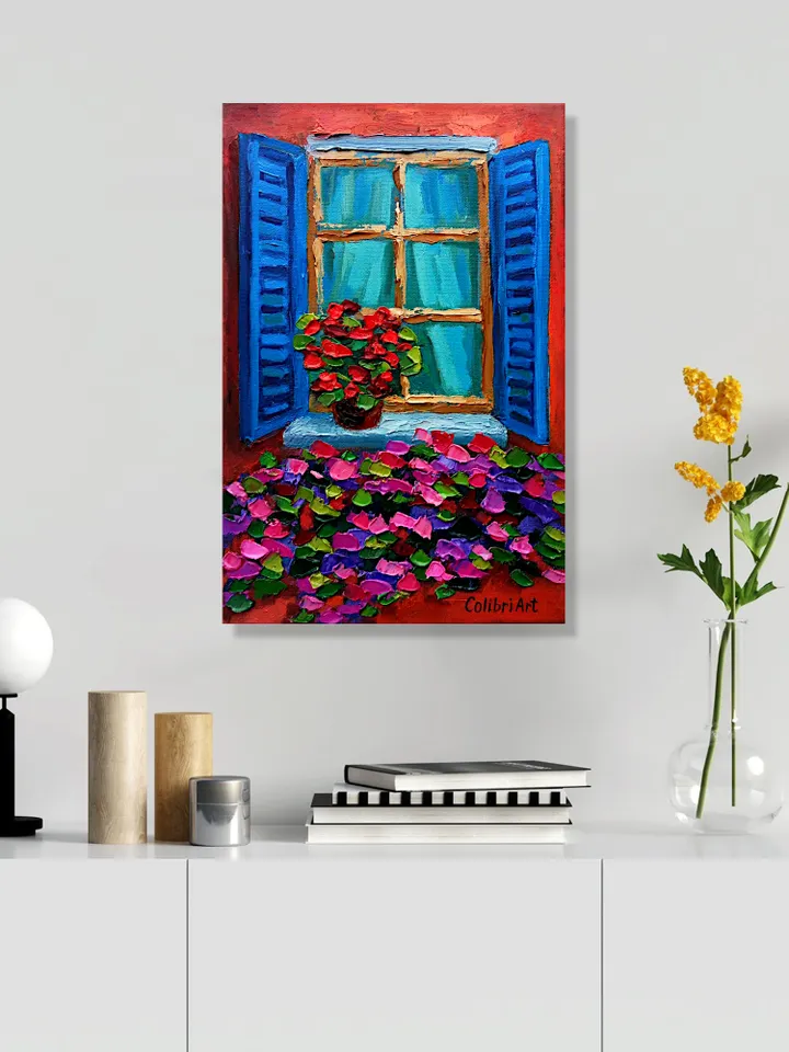 Window Painting Italy Original Art Flower Painting Geranium Floral Art Italian Colorful Small Art 12"x 8" By Colibri Art