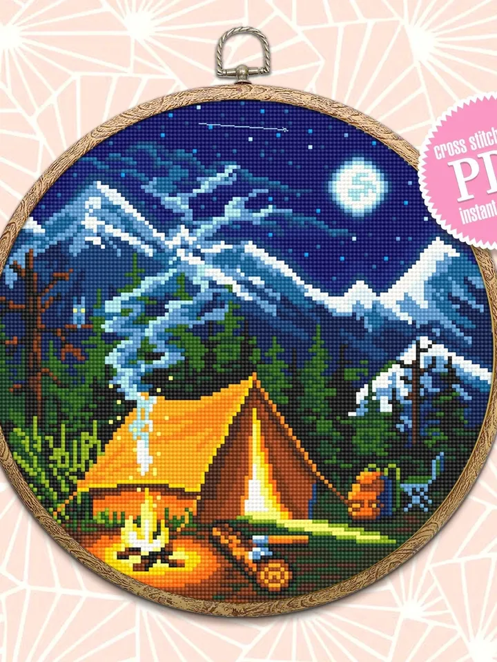 Nature landscape cross stitch pattern download PDF Camping tent embroidery PDF Travel Adventure awaits xstitch chart Nature lover gift #L1