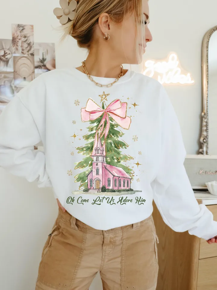 Oh Come Let Us Adore Him Png, Watercolor Christmas Tree Girly, Jesus Christmas Coquette Bow Tree Png, Christmas Lights Hand Drawn