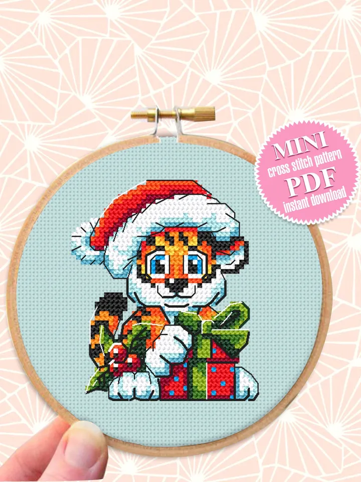 Cute Christmas tiger cross stitch pattern download PDF Small Christmas pattern digital Quick cross stitch chart Baby animal embroidery #N28