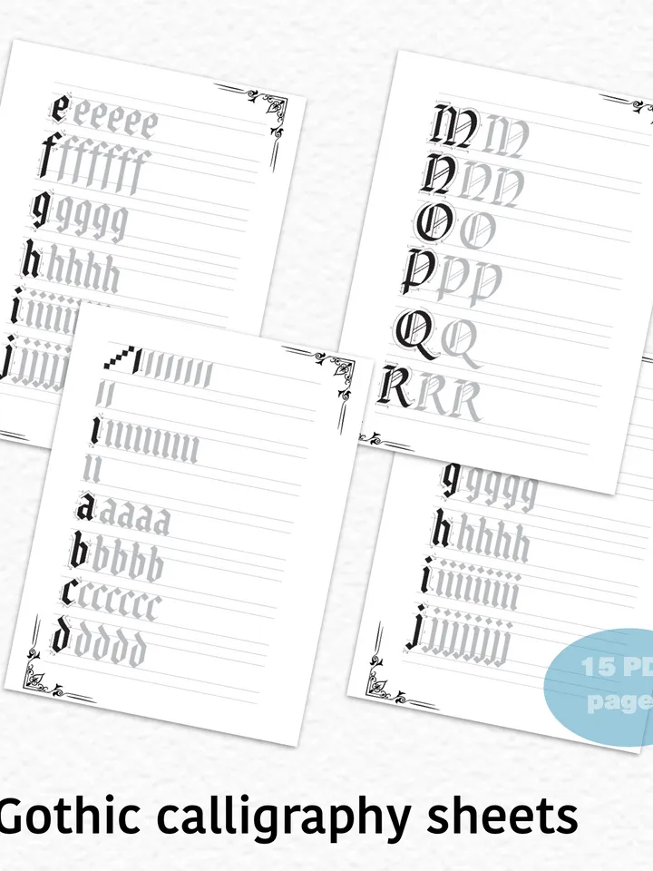 Printable Gothic Letter Worksheet, Gothic Calligraphy Practice Template PDF, Gothic Penmanship For Adult, Gothic Handwriting Practice Sheet