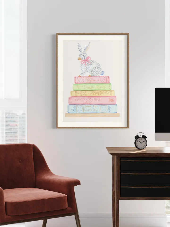 Book And Rabbit Watercolor Painting Print, Gift For Books Lover, Children Book, Book Lover Decor, Stack Of Books,Cute Baby Bunnies Art Print
