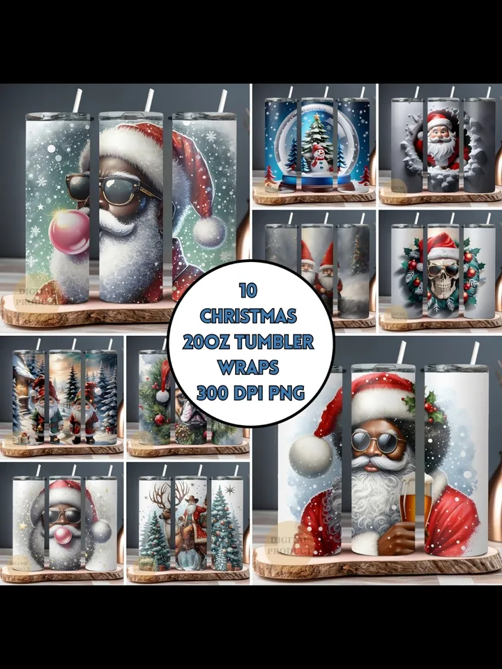 10 Christmas 20 Oz Tumbler Wrap png Bundle, Christmas Sublimation Designs for Tumbler, Christmas Skull with Santa Hat, Santa with Bubble Gum