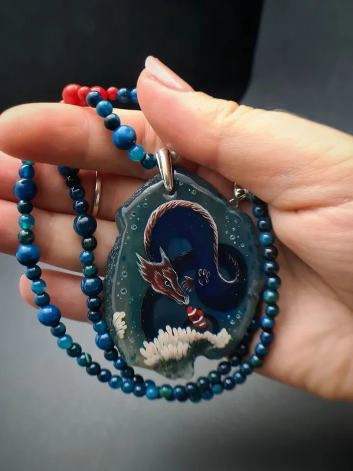 Dragon necklace Painting Agate Stone Dragon charm Christmas Gift Wrapping