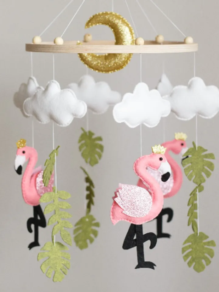 Handcrafted Flamingo and Safari Themed Felt Baby Mobile - Customizable Nursery Decor