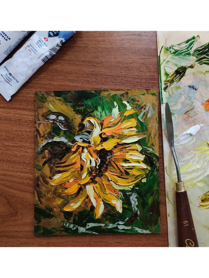 Sunflower painting Floral Original Art 5 by 6 Yellow Flower impasto artwork by Natalia Plotnikova