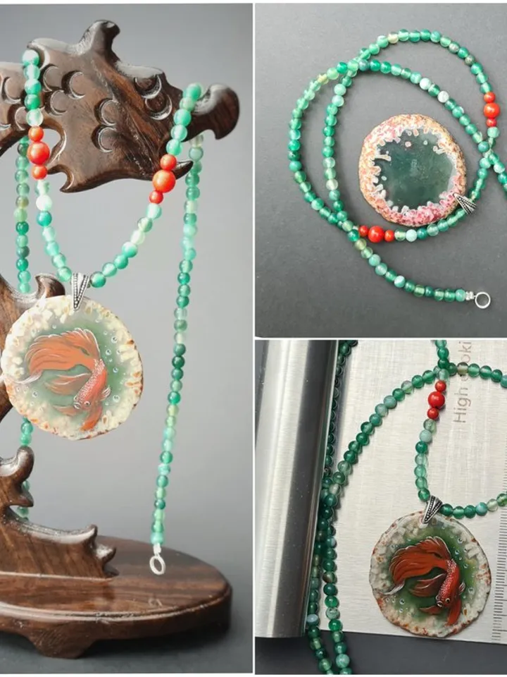 Necklace Siamese cockerel fighting fish Hand painted Christmas Gift Wrapping