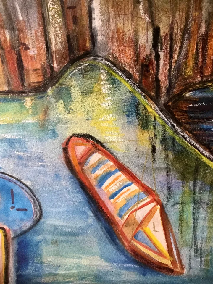 Fantasy cityscape with a boat,original watercolour mix media painting on watercolour 350 g paper,fantasy landscape wall hanging.