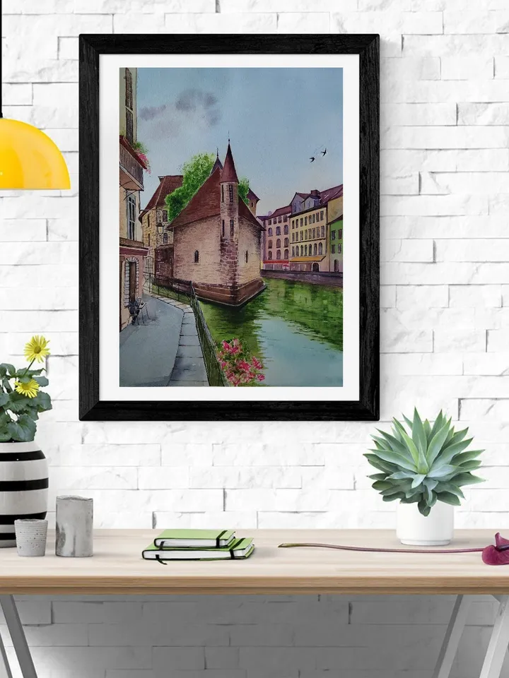 Annecy Town Painting French Cityscape Art Old French Town Artwork Original Watercolor Painting 11.8x15.7 inches by SoftWaves