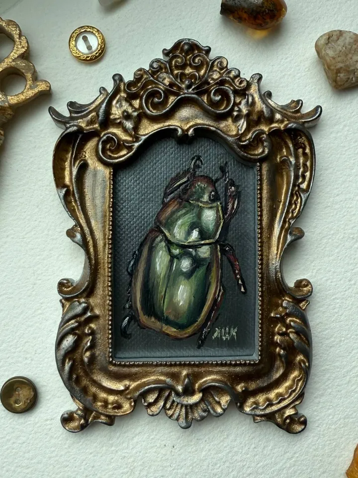 Framed Insect Oil Painting Original Entomology Art Beetle Painting Gold Frame Dark Academia
