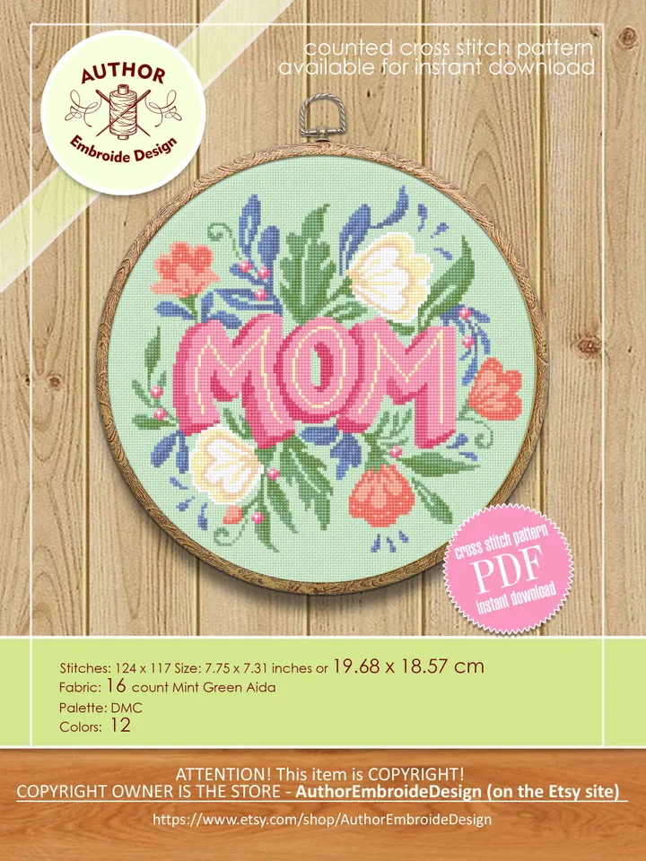 Bouquet flower cross stitch pattern download PDF Mom cross stitch chart, DIY gift for mother, Floral hoop art, Beginner cross stitch #Q46