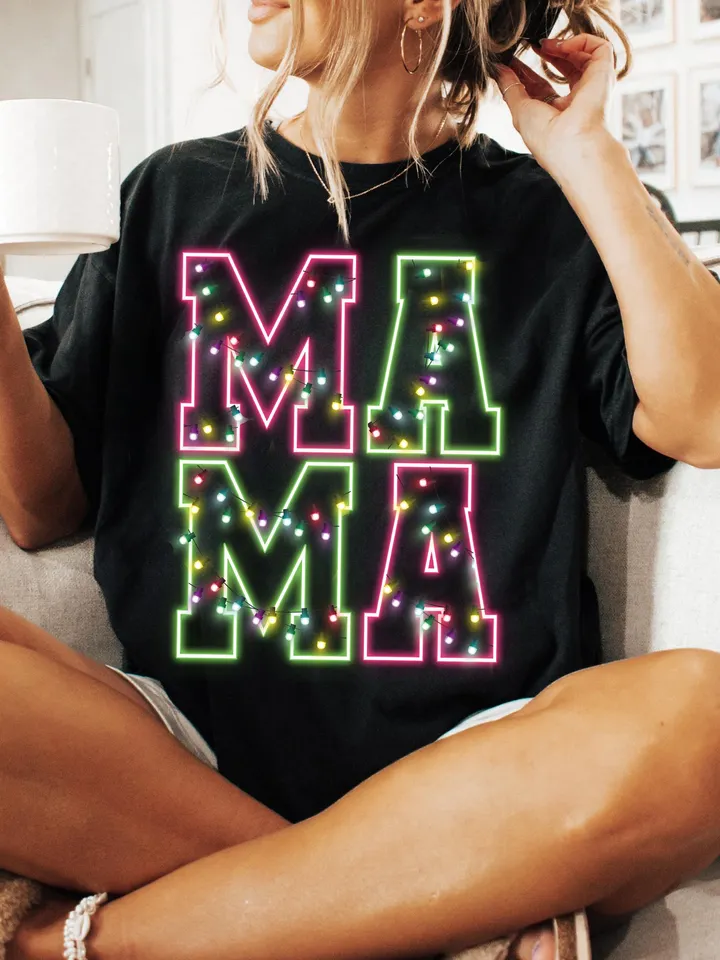 Neon Christmas Mama Shirt Sublimation Christmas PNG Mama PNG Christmas Lights Sparkly PNG Neon Christmas png