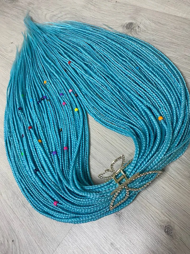 Turquoise braids hair extensions with beads. Synthetic Braids, teal hair extensions.