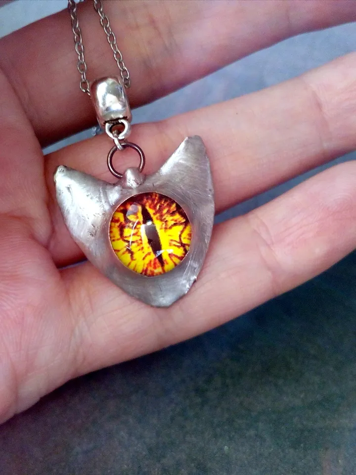 CAT necklace, cat eye tin soldered pendant, cat lovers jewelry, Halloween necklace, witchy aesthetic, goth bat pendant