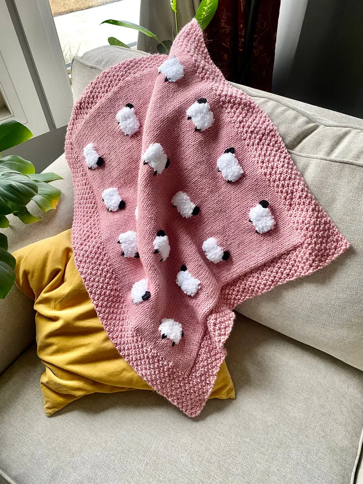 Reversible Sheep Baby Blanket, Handknit, Fuzzy Sheep, Flannel on Reverse (Optional) 3 Sizes
