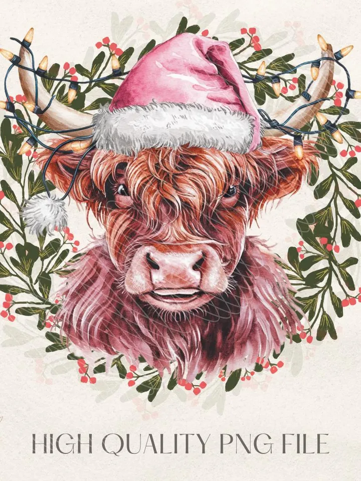 Highland Cow png,Christmas Lights PNG,Farm Animal Christmas PNG,Farmer Christmas png, Western png, Christmas png, pink country Christmas png