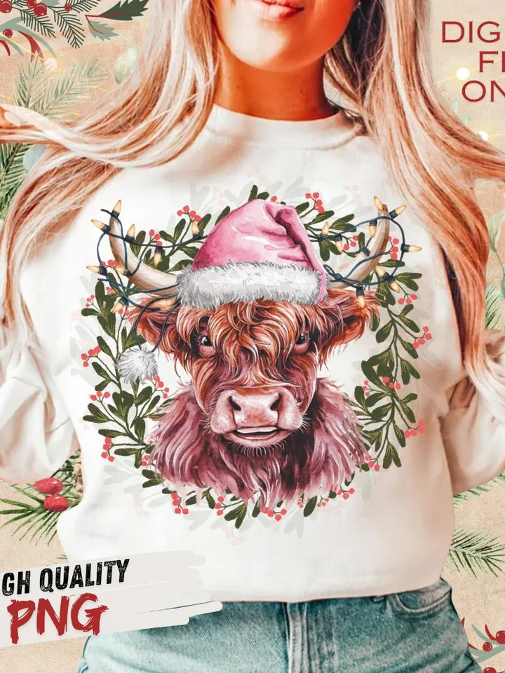 Highland Cow png,Christmas Lights PNG,Farm Animal Christmas PNG,Farmer Christmas png, Western png, Christmas png, pink country Christmas png