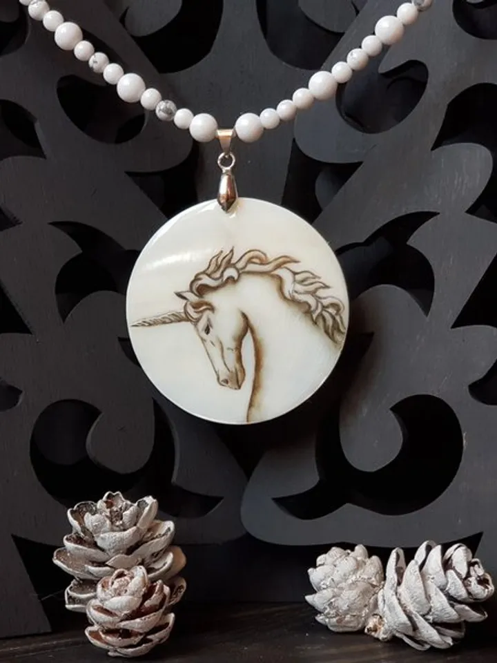 Unicorn jewelry, unicorn necklace, miniature painting on pearl pendant