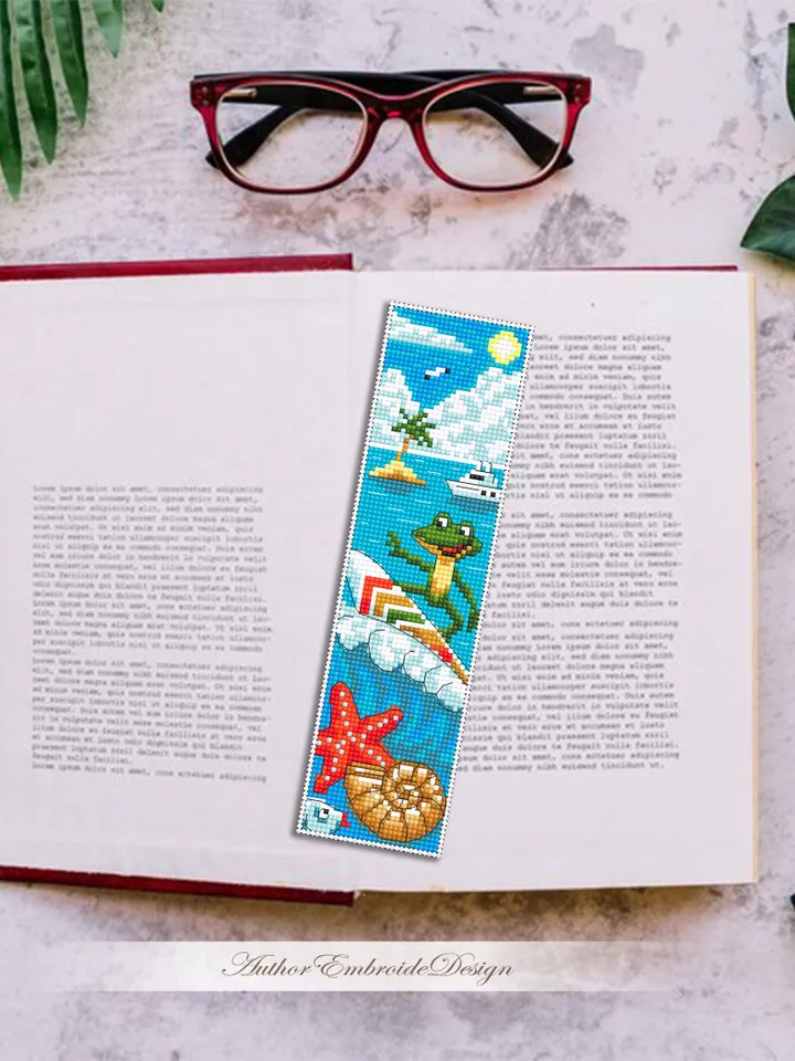 Summer bookmark cross stitch pattern PDF download Funny frog cross stitch chart, Sea bookmark pattern digital PDF, Beach vacation #B447