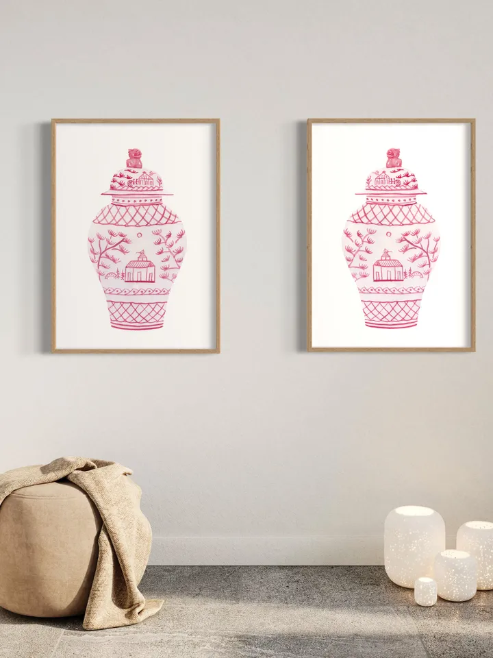 Pink Chinoiserie Set Of 2 Ginger Jar, Asian Vase Print, Dressing Room Art, Vintage Chinoiserie, Pagoda Decor Print, Chinoiserie Chic Art