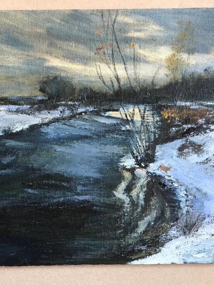 Winter river original oil painting modern art kitchen painting 10 by 14 inches
