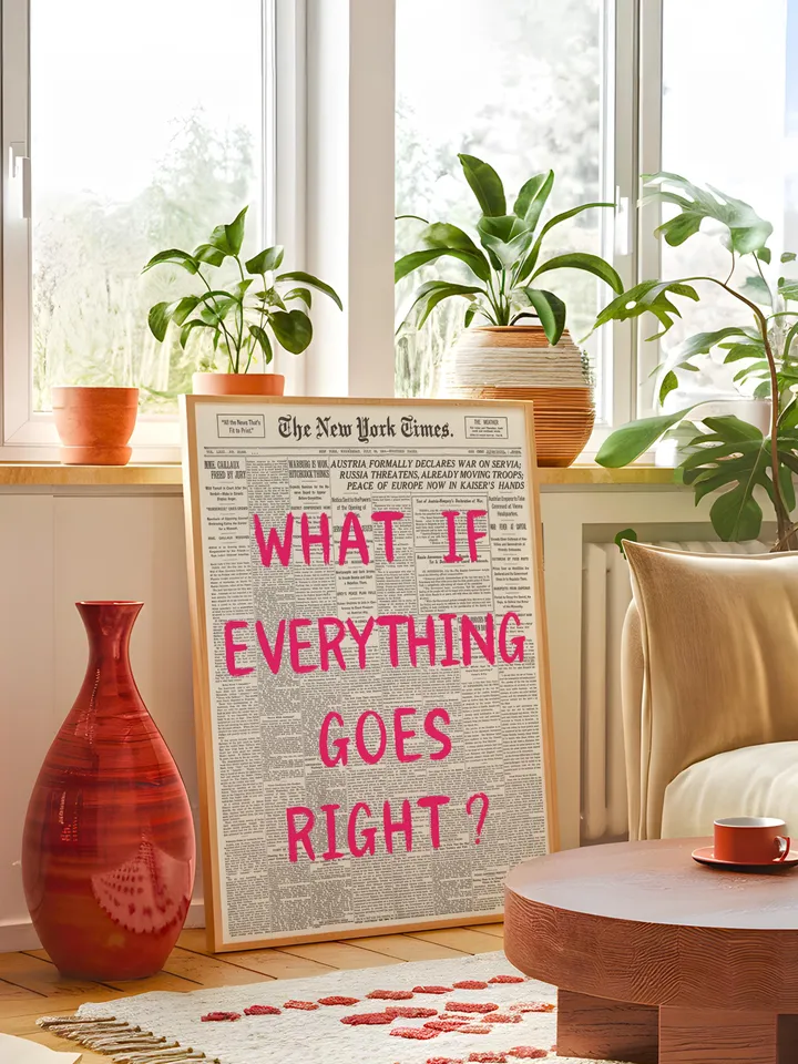 What If everything goes right Retro Newspaper Print, Trendy Wall Art, Typography Poster, Pink Aesthetic, Printable Wall Art, Digital Print