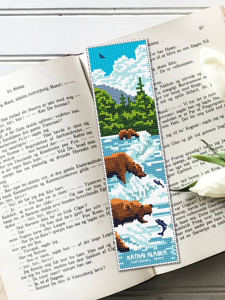 Katmai national park bookmark cross stitch pattern PDF download Nature cross stitch chart, Digital bookmark pattern, Bear cross stitch #B186