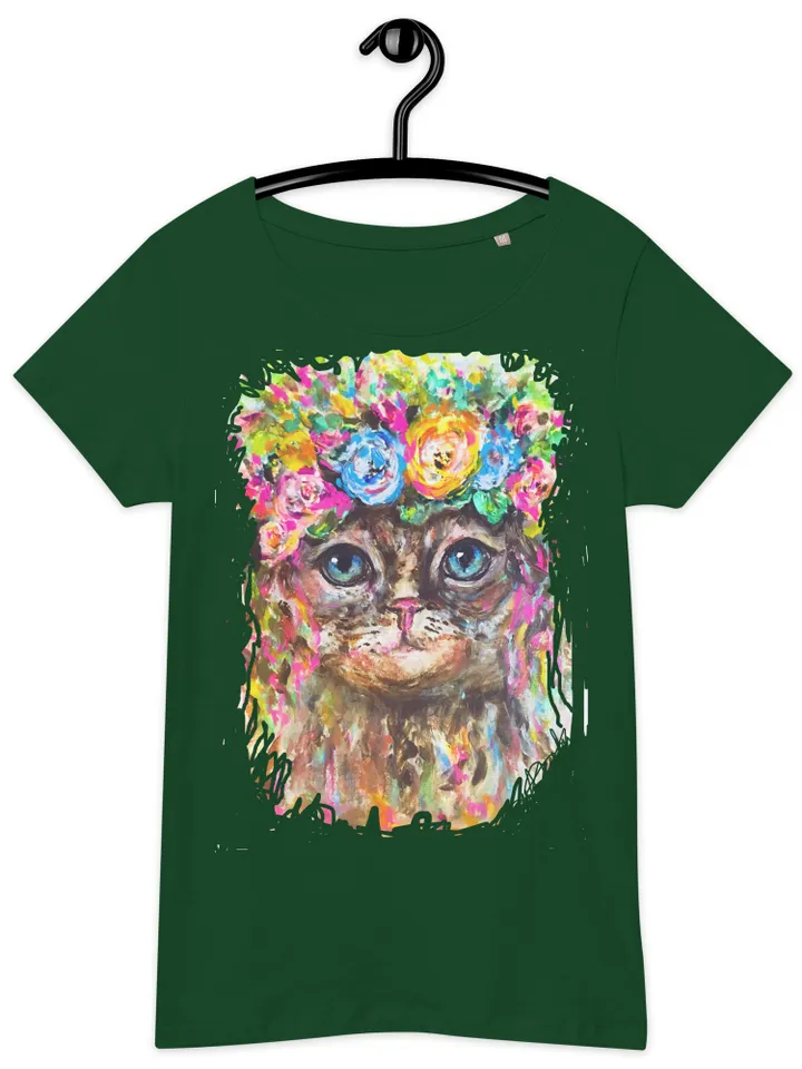 Flower cat Women’s basic organic t-shirt made with my original watercolour mix media artwork,one of a kind.