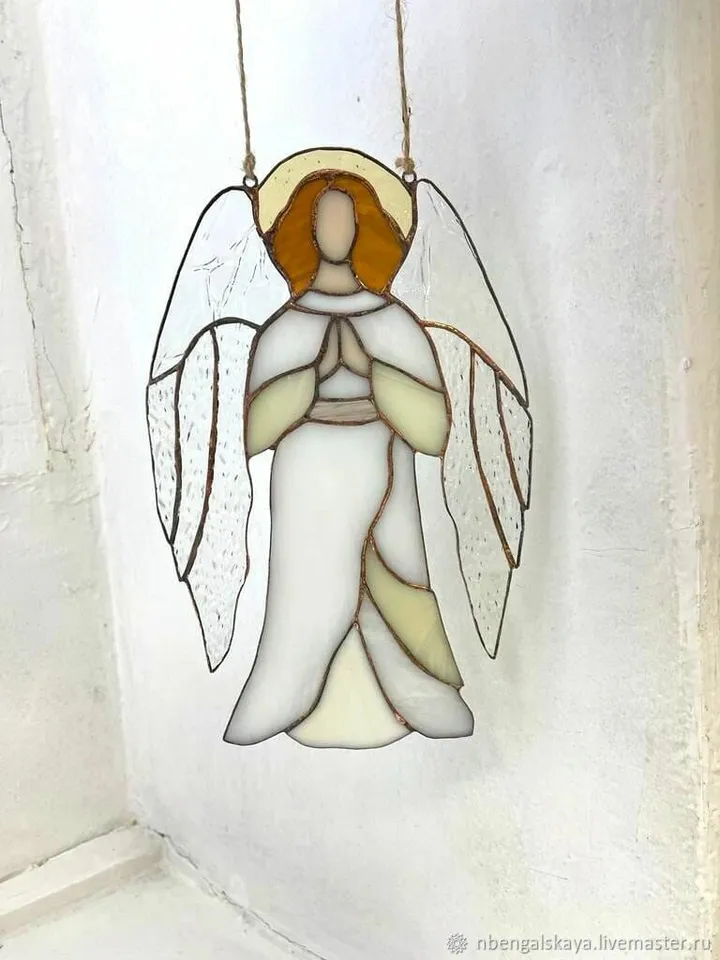 Angel's Prayer, Hanging decorations, Tiffany Stained Glass, Angel’s Prayer Ornament, Stained Glass Angel in Prayer, Tiffany Glass Angel Pendant, Praying Angel Suncatcher, Hanging Angel Figure, Guardian Angel Glass Ornament, Celestial Angel Window Charm