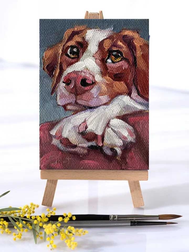 Dog oil painting original, Pet portrait artwork, Animal miniature wall art 4x6