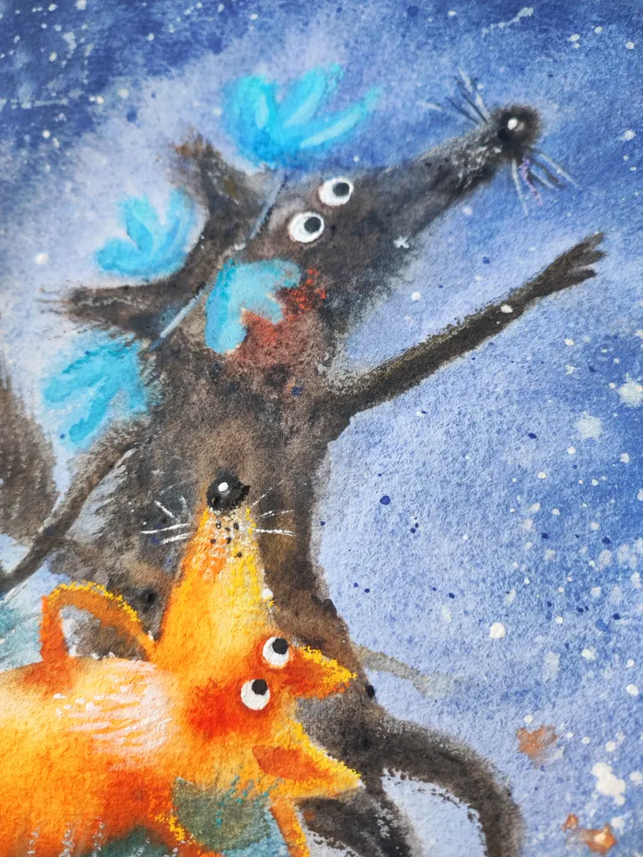 27x27cm Artwork by Julia Schigal "A Shooting Star" - watercolor, gouache, pastel