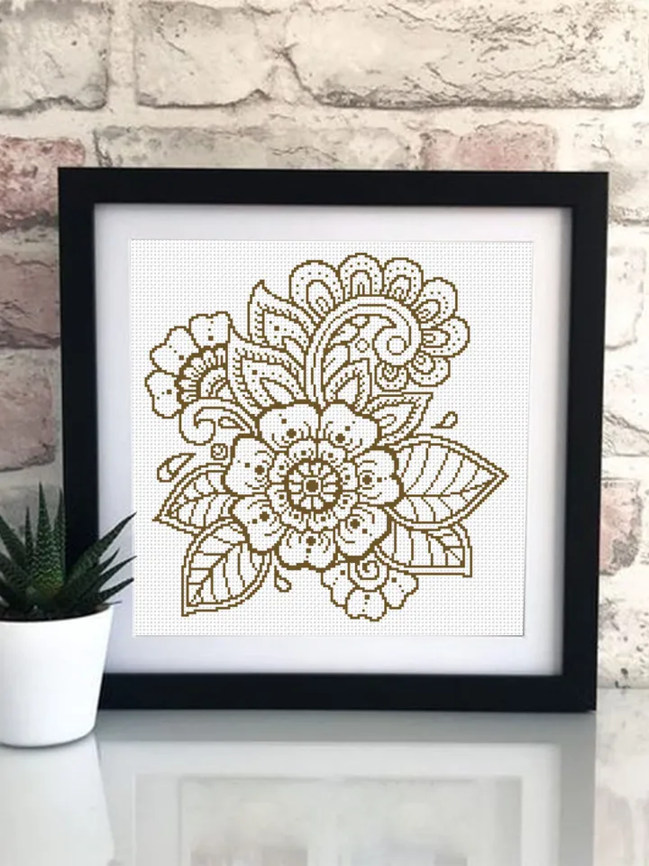 Flower mandala cross stitch pattern download PDf, Monochrome floral ornament cross stitch chart, Flowers embroidery PDF, DIY Home decor #M57