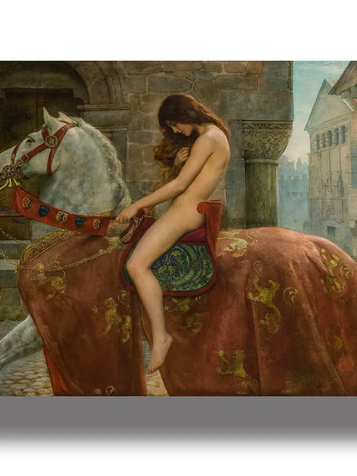 Lady Godiva. A naked woman rides a horse through a medieval city.