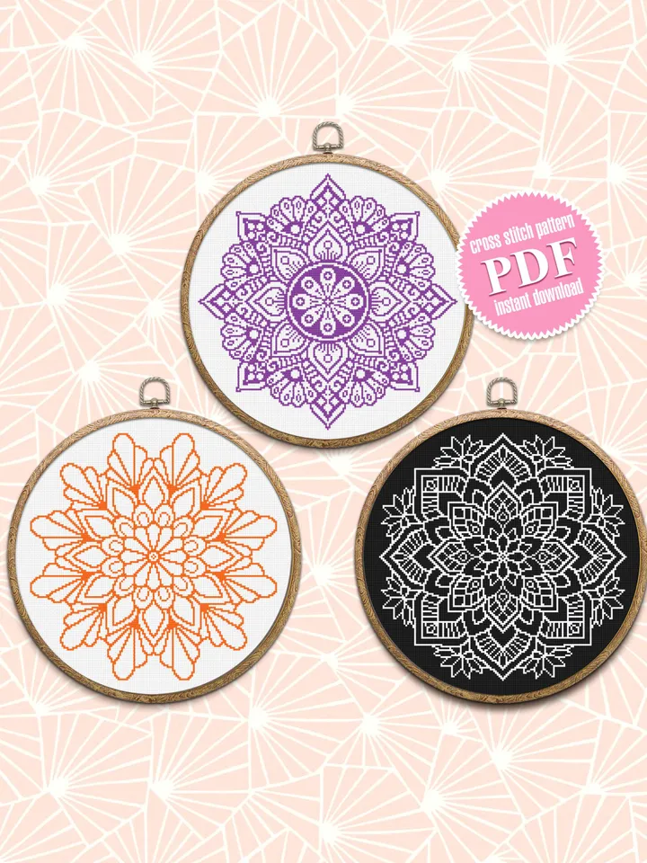 Flower mandala set cross stitch pattern PDF Monochrome mandala cross stitch chart, Floral ornament Instant download PDF, DIY Home decor #S27