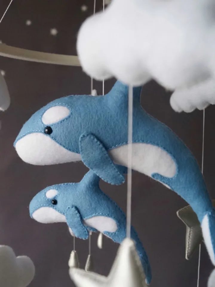 Whales baby mobile for nursery decor, hanging clouds and stars handmade hypoallergenic materials