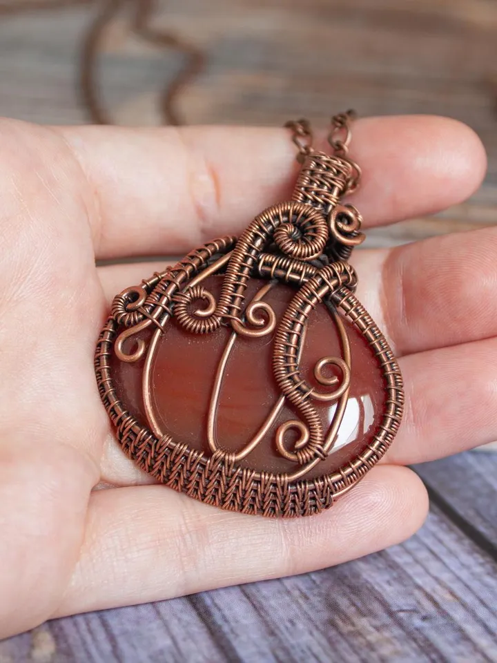 Elegant Handmade Pendant with Natural Stone in Copper Wire Wrapping