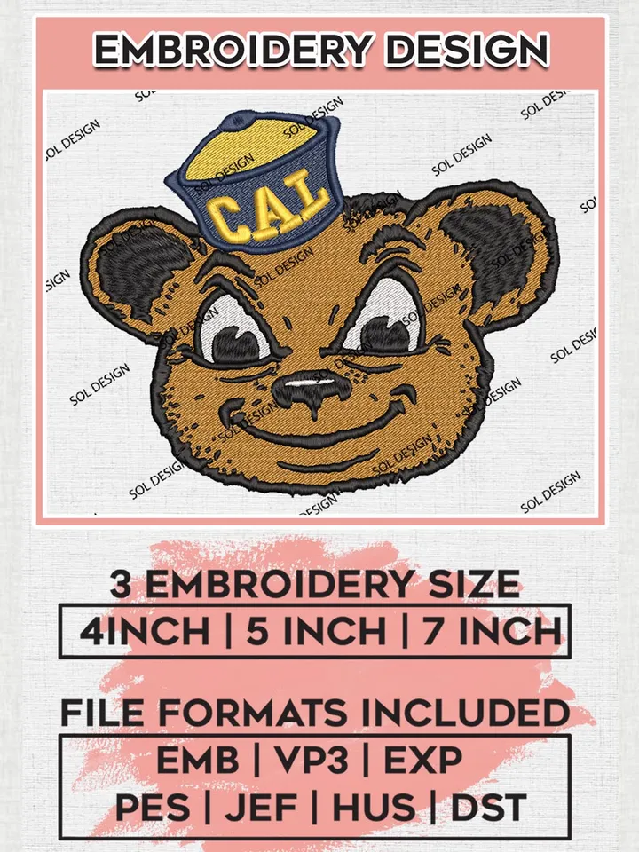 NCAA California Golden Bears Team Head Mascot Logo Embroidery Design Files, NCAA California Golden Bears Machine Embroidery, NCAA Teams, 3 sizes, NCAA Machine embroidery designs, Digital Download