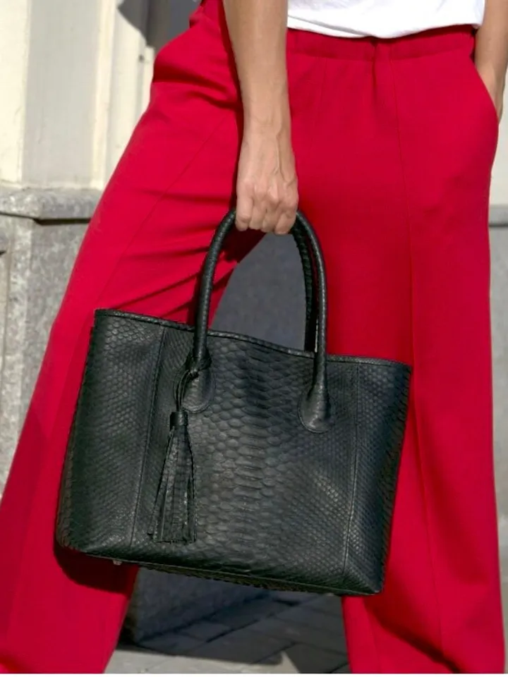 Genuine python skin big classy black bag / elegant women purse / designer leather bag / exotic leather bags