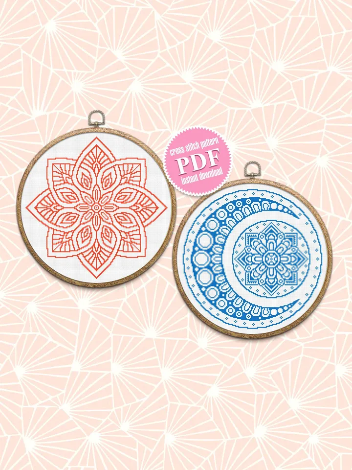 Mandala set cross stitch pattern download PDF Crescent moon cross stitch chart, Mandala pattern digital PDF, Easy monochrome embroidery #S32