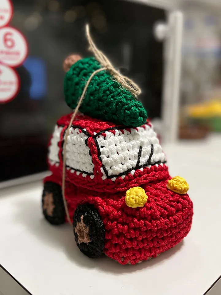 Christmas car with tree, interior basket, crochet decor, gift ornaments, sweet storage