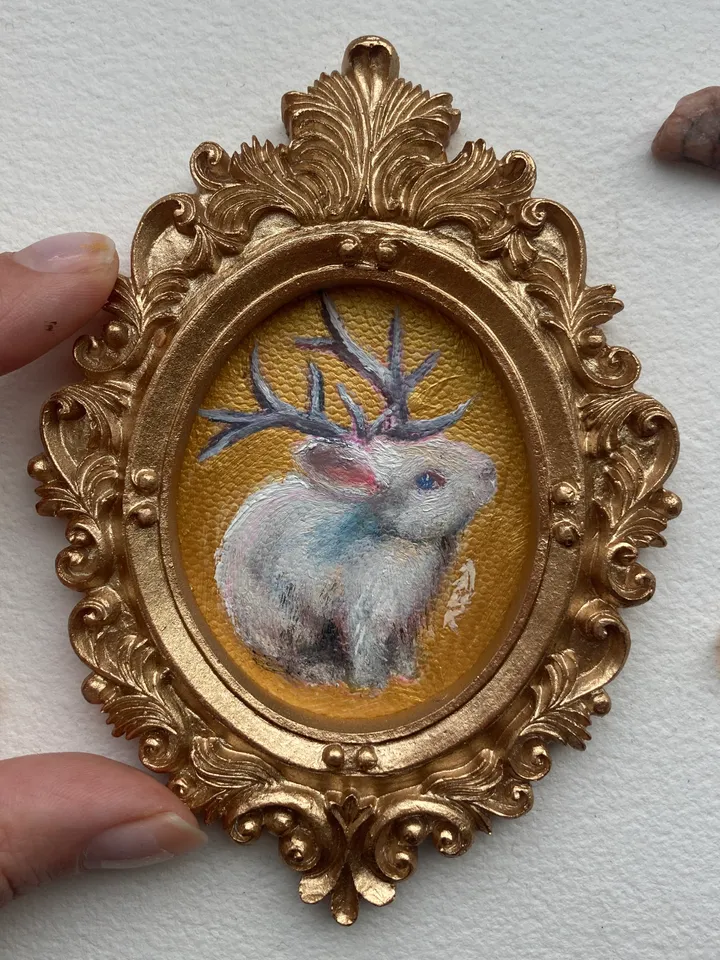 Jackalope Painting Small Original Framed Art Cryptid Gifts Mini Gold Framed Decor, Fairy Creatures Art, Tiny Art Whimsigoth Decor