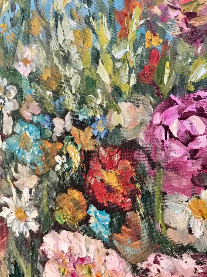 Colourful flowers original oil painting on unstretched canvas,field flowers painting,meadows painting,wild flowers wall art,flowers decor.
