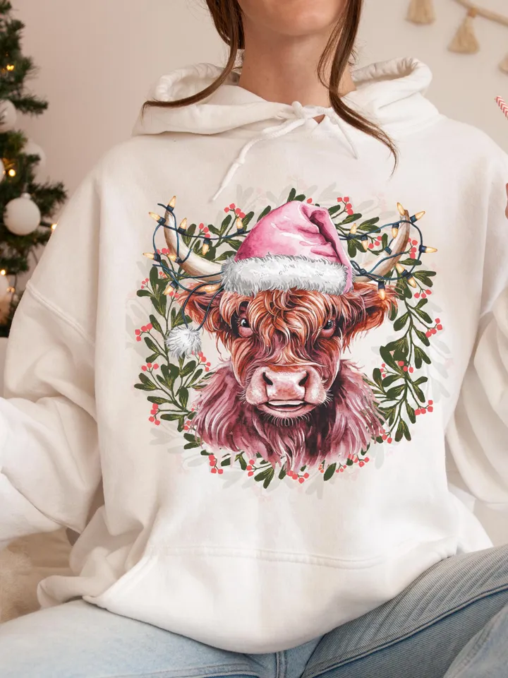 Highland Cow png,Christmas Lights PNG,Farm Animal Christmas PNG,Farmer Christmas png, Western png, Christmas png, pink country Christmas png