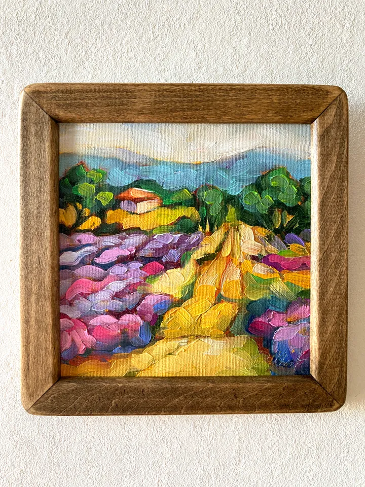 Lavender Fields Painting Tuscany Original Art Landscape Oil Painting Impasto Small Artwork 6x6 Tuscan Serenity Painting Wild Flowers