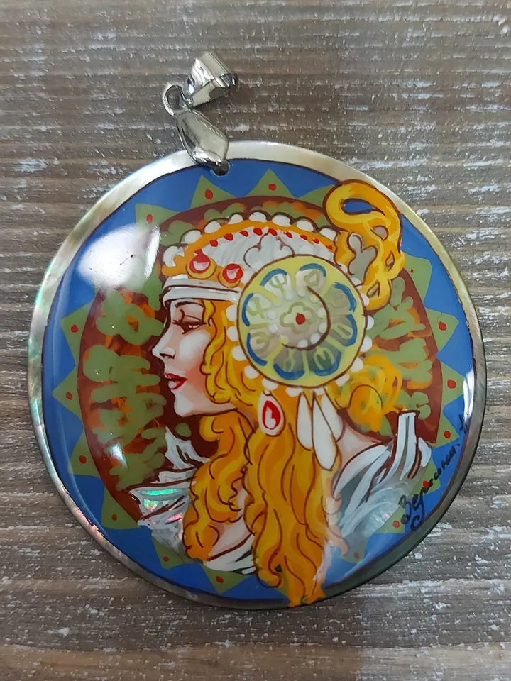 Pearl pendant necklace: The Blonde by Alphonse Mucha on dainty necklace. Charming art hand painted on shell pendant. Cute gift for friend.