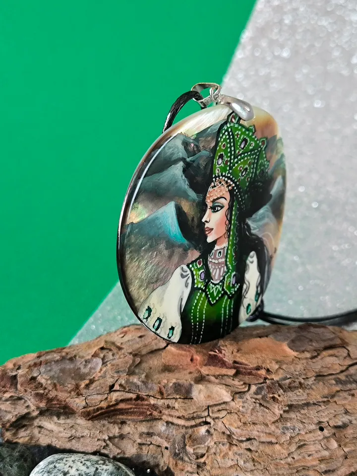 Pearl pendant necklace: Mistress of the Copper Mountain painted on elegant pendant. Russian cutie on handmade jewelry shell. Outstanding art