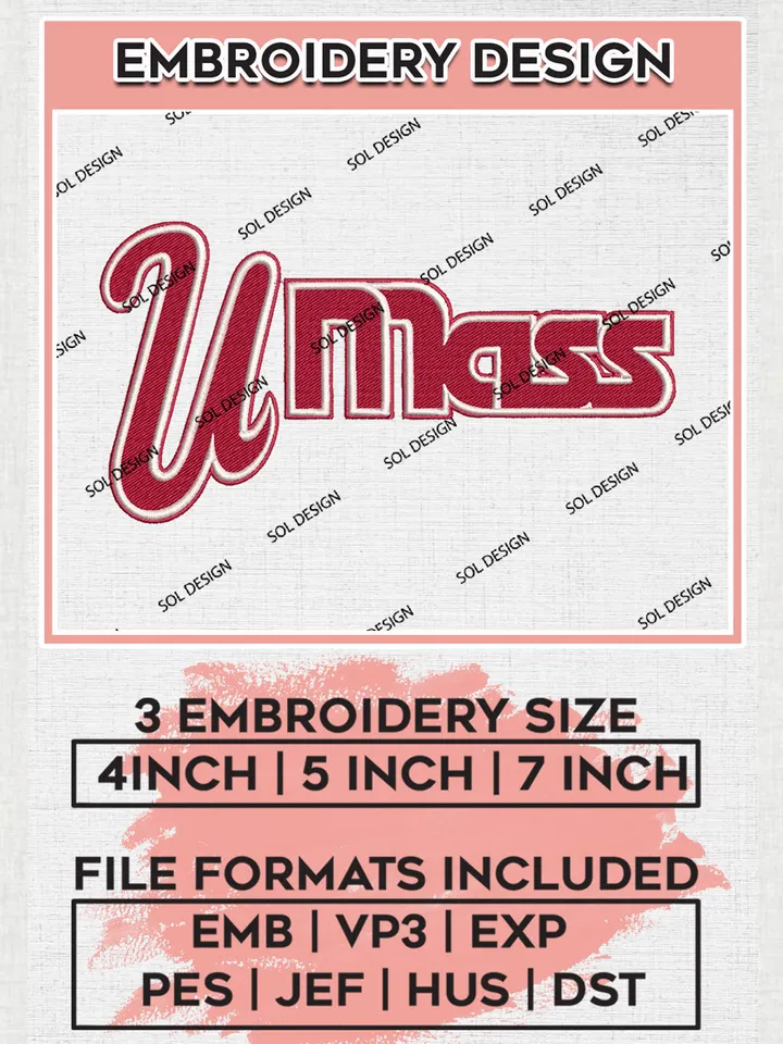 NCAA Umass College Football Team Logo Embroidery Design Files, NCAA Massachusetts Minutemen Machine Embroidery, NCAA Teams, 3 sizes, NCAA Machine embroidery designs, Digital Download