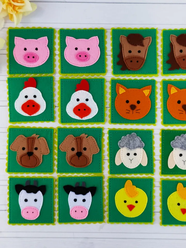 Felt memory game PDF Pattern, Farm animals Matching Cards, Educational toys for kids, Felt toy pattern, Travel Toys for toddlers